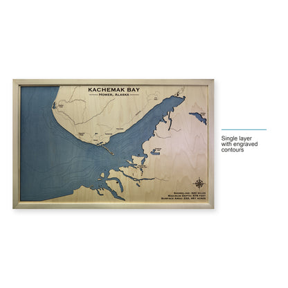 Kachemak Bay, Alaska Wood Map — Single layer with engraved contours — style-labeled photo
