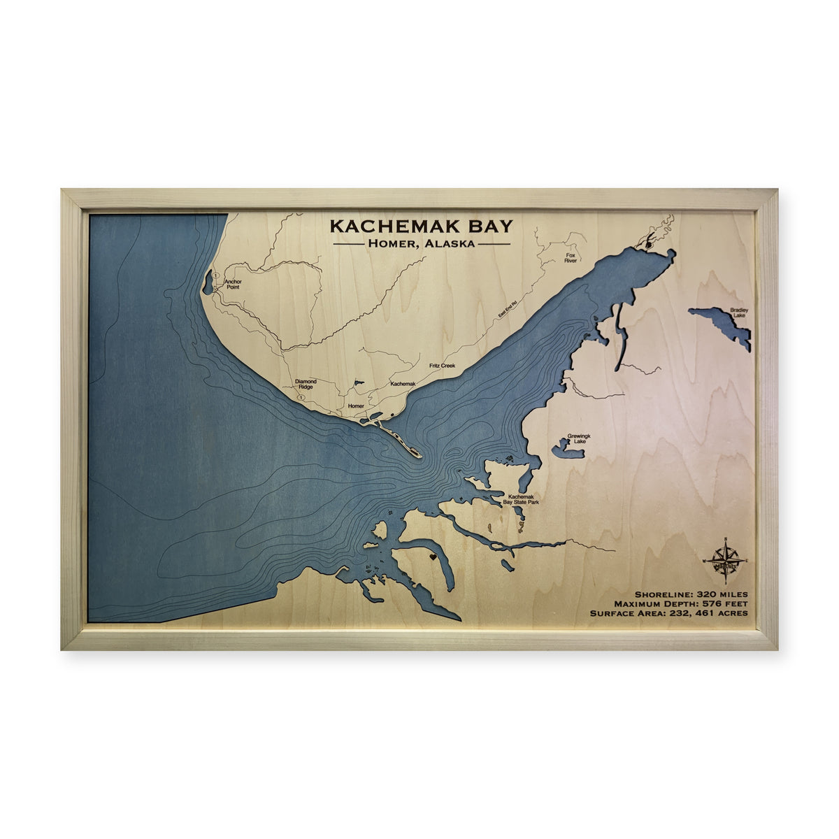Kachemak Bay, Alaska Wood Map — Single layer with engraved contours — plain-background photo