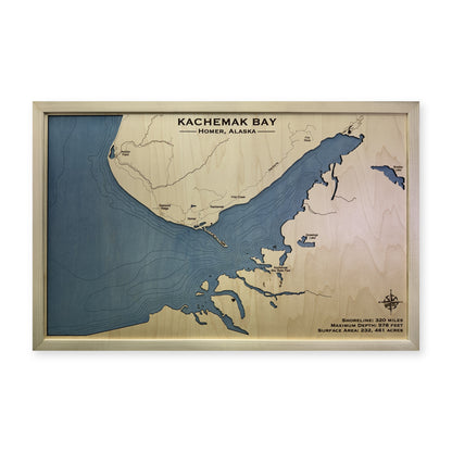 Kachemak Bay, Alaska Wood Map — Single layer with engraved contours — plain-background photo