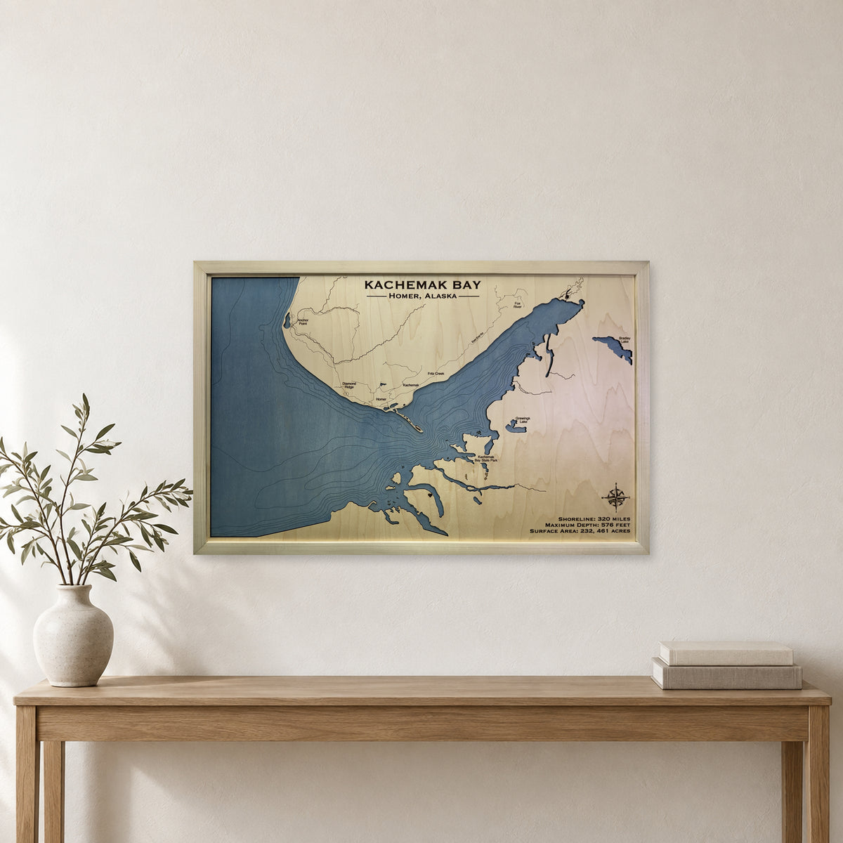 Kachemak Bay, Alaska Wood Map — Single layer with engraved contours — room mockup