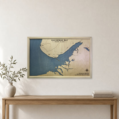 Kachemak Bay, Alaska Wood Map — Single layer with engraved contours — room mockup