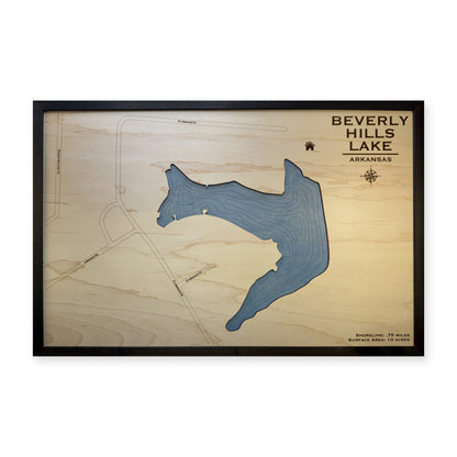 Beverly Hills Lake, Arkansas Wood Map — Single layer with engraved contours — plain-background photo