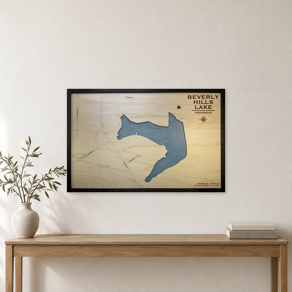 Beverly Hills Lake, Arkansas Wood Map — Single layer with engraved contours — room mockup