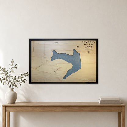 Beverly Hills Lake, Arkansas Wood Map — Single layer with engraved contours — room mockup