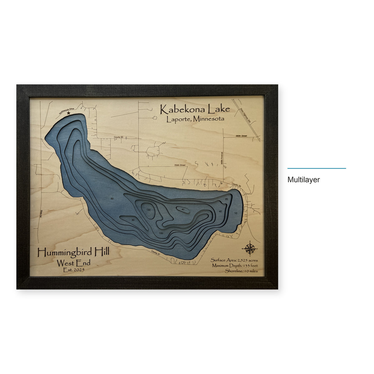 Kabekona Lake, Minnesota Wood Map — Multilayer — style-labeled photo