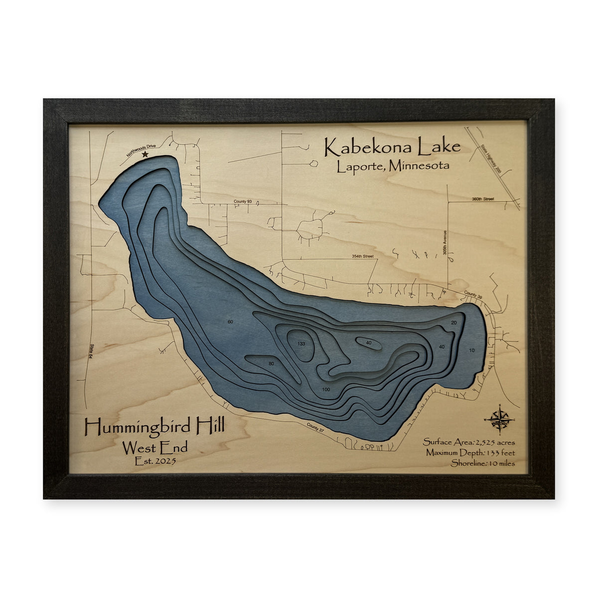 Kabekona Lake, Minnesota Wood Map — Multilayer — plain-background photo