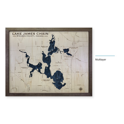 Lake James Chain, Indiana Wood Map — Multilayer — style-labeled photo