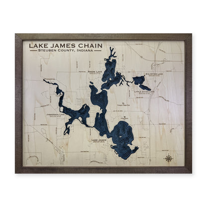 Lake James Chain, Indiana Wood Map — Multilayer — plain-background photo