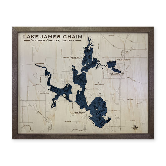 Lake James Chain, Indiana Wood Map — Multilayer — plain-background photo