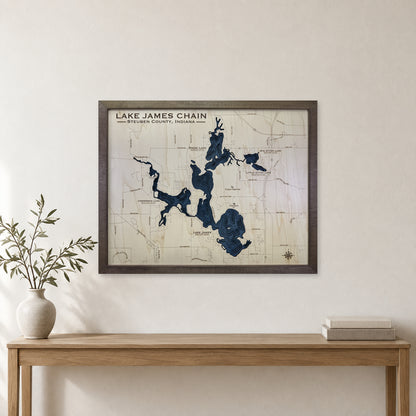 Lake James Chain, Indiana Wood Map — Multilayer — room mockup