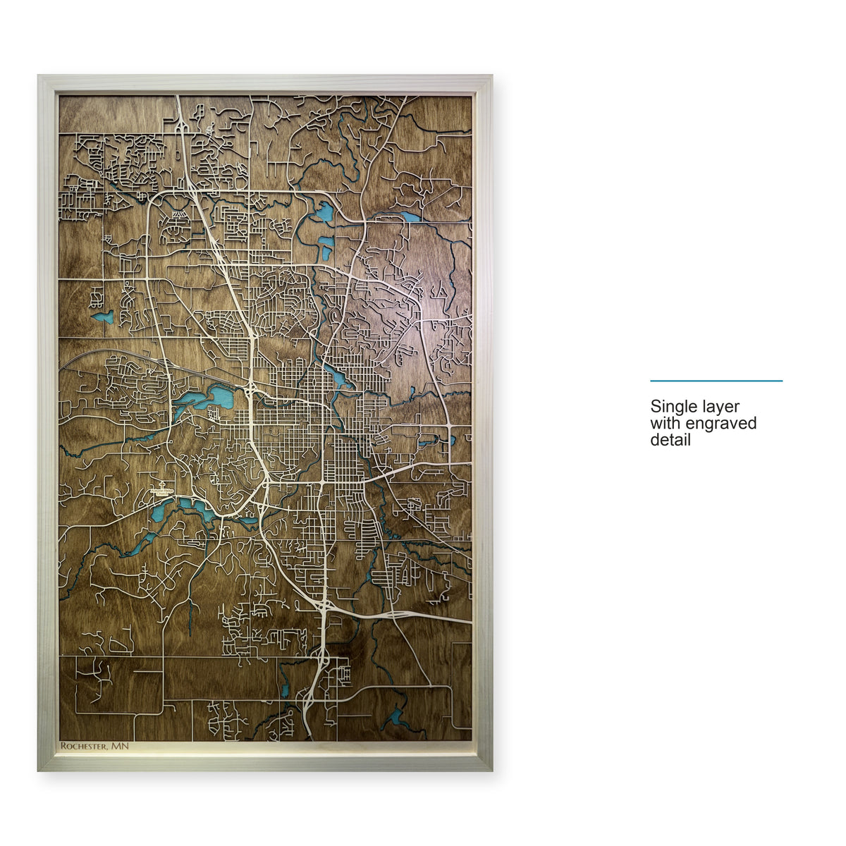 Rochester, Minnesota Wood Map — Single layer with engraved detail — style-labeled photo
