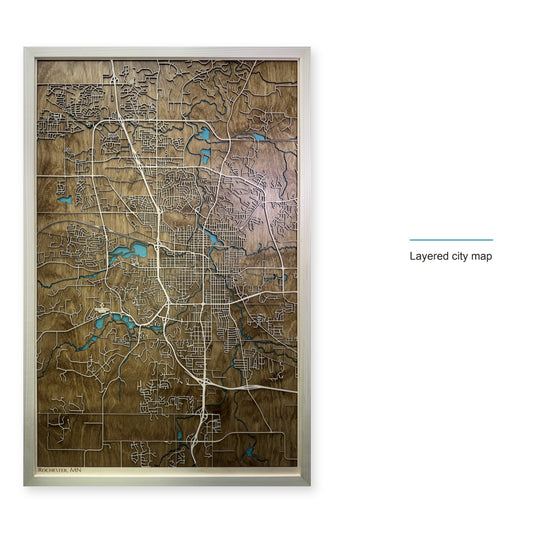 Rochester, Minnesota Wood Map — Layered city map — style-labeled photo