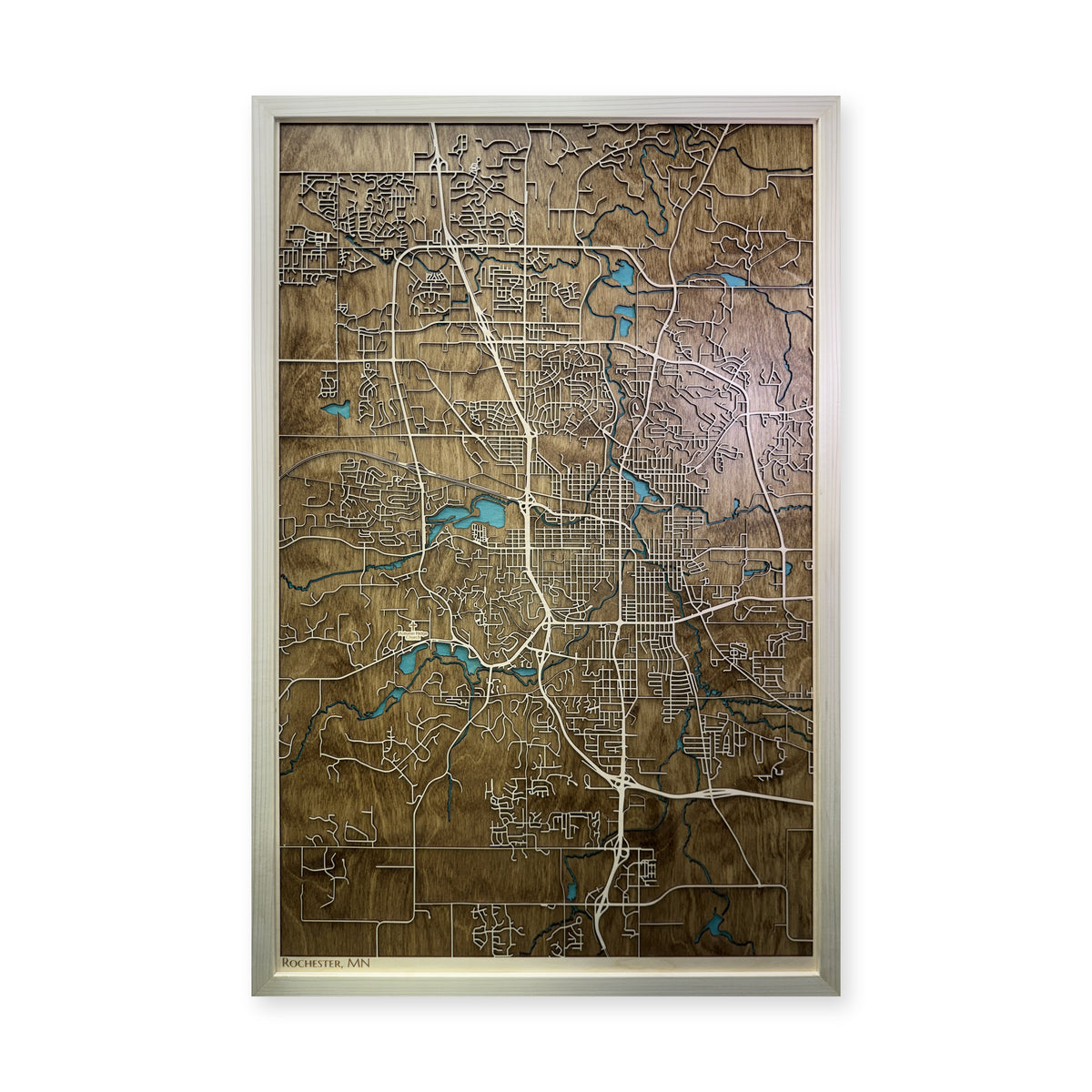 Rochester, Minnesota Wood Map — Single layer with engraved detail — plain-background photo