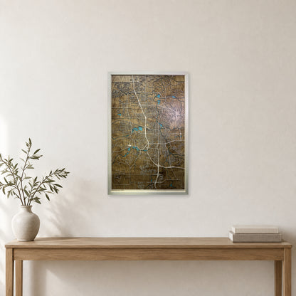 Rochester, Minnesota Wood Map — Single layer with engraved detail — room mockup