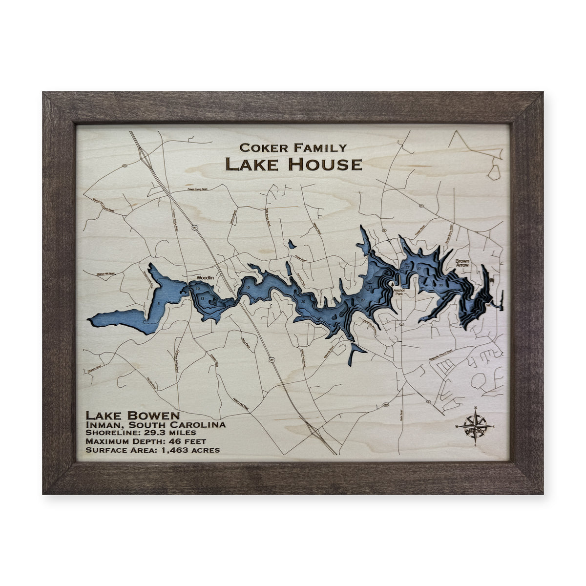 Lake Bowen, South Carolina Wood Map — Multilayer — plain-background photo