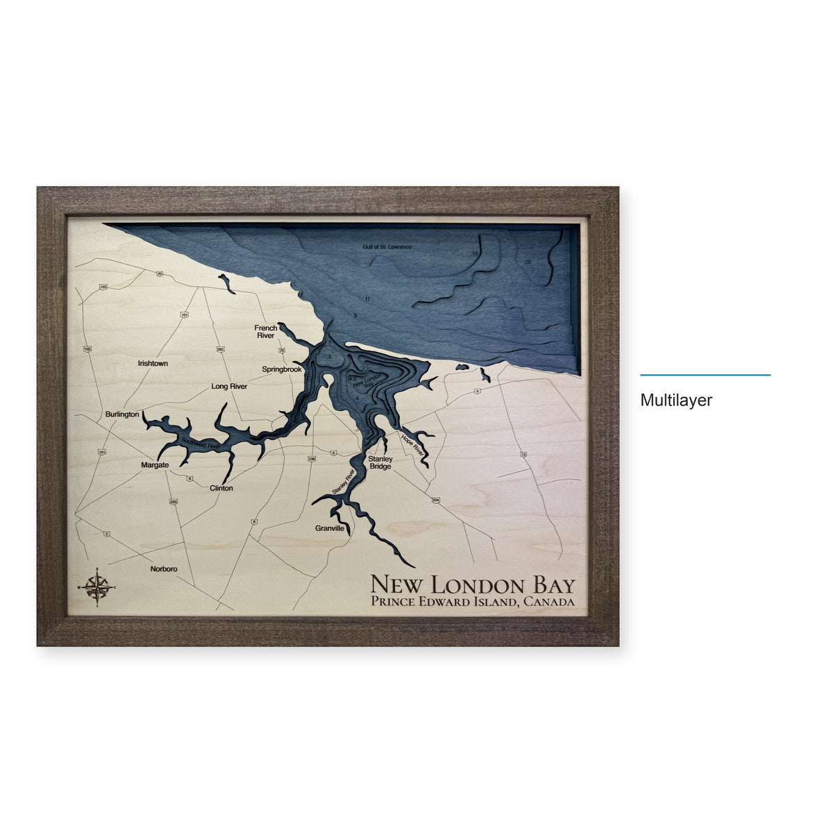 New London Bay, Prince Edward Island Wood Map — Multilayer — style-labeled photo