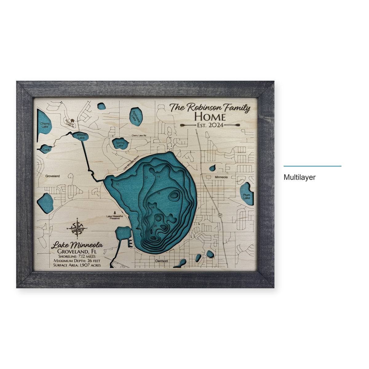 Lake Minneola, Groveland, Florida Wood Map — Multilayer — style-labeled photo