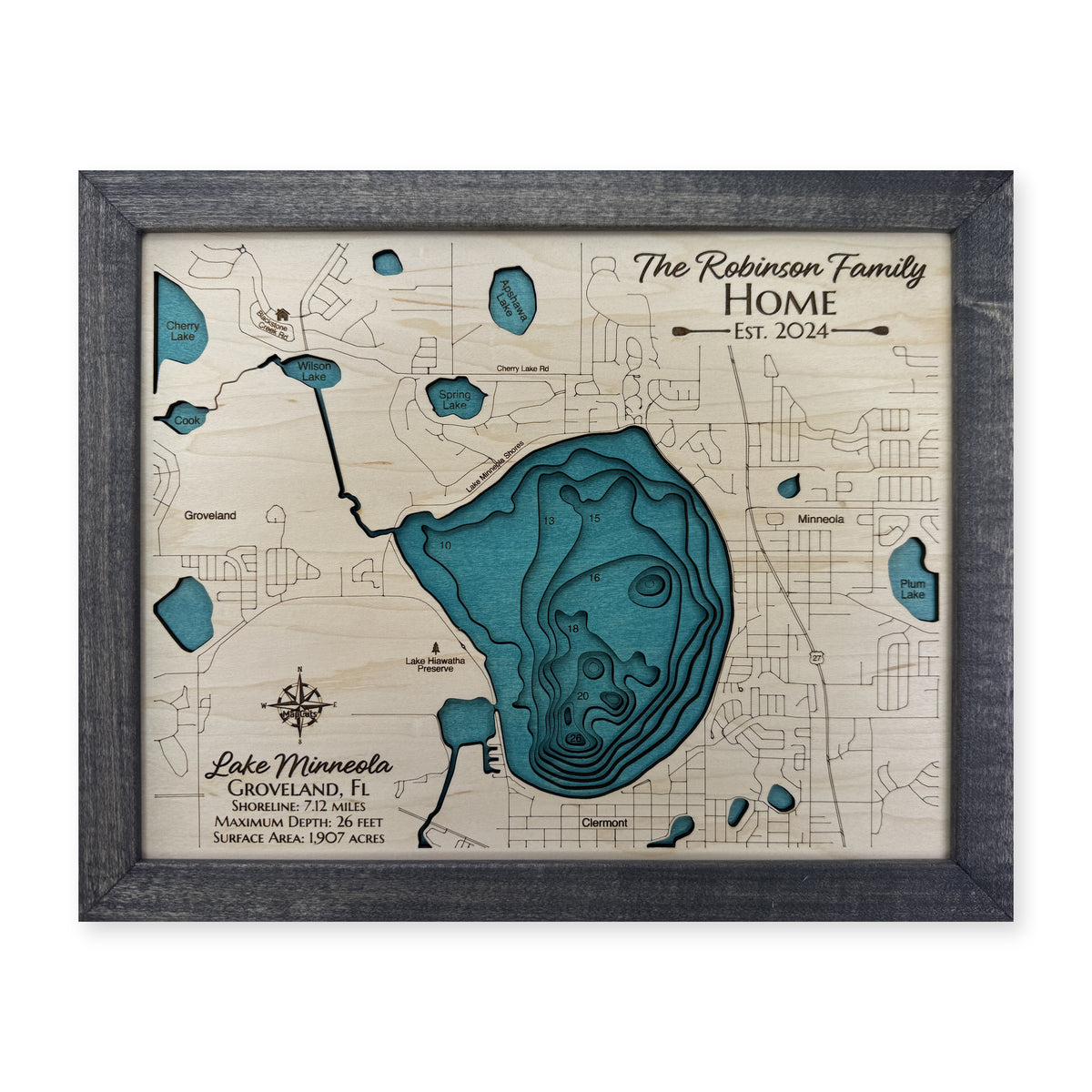Lake Minneola, Groveland, Florida Wood Map — Multilayer — plain-background photo