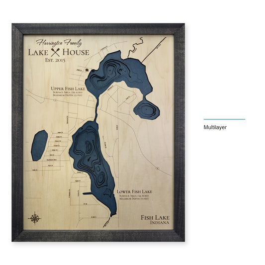 Upper and Lower Fish Lake, Indiana Wood Map — Multilayer — style-labeled photo