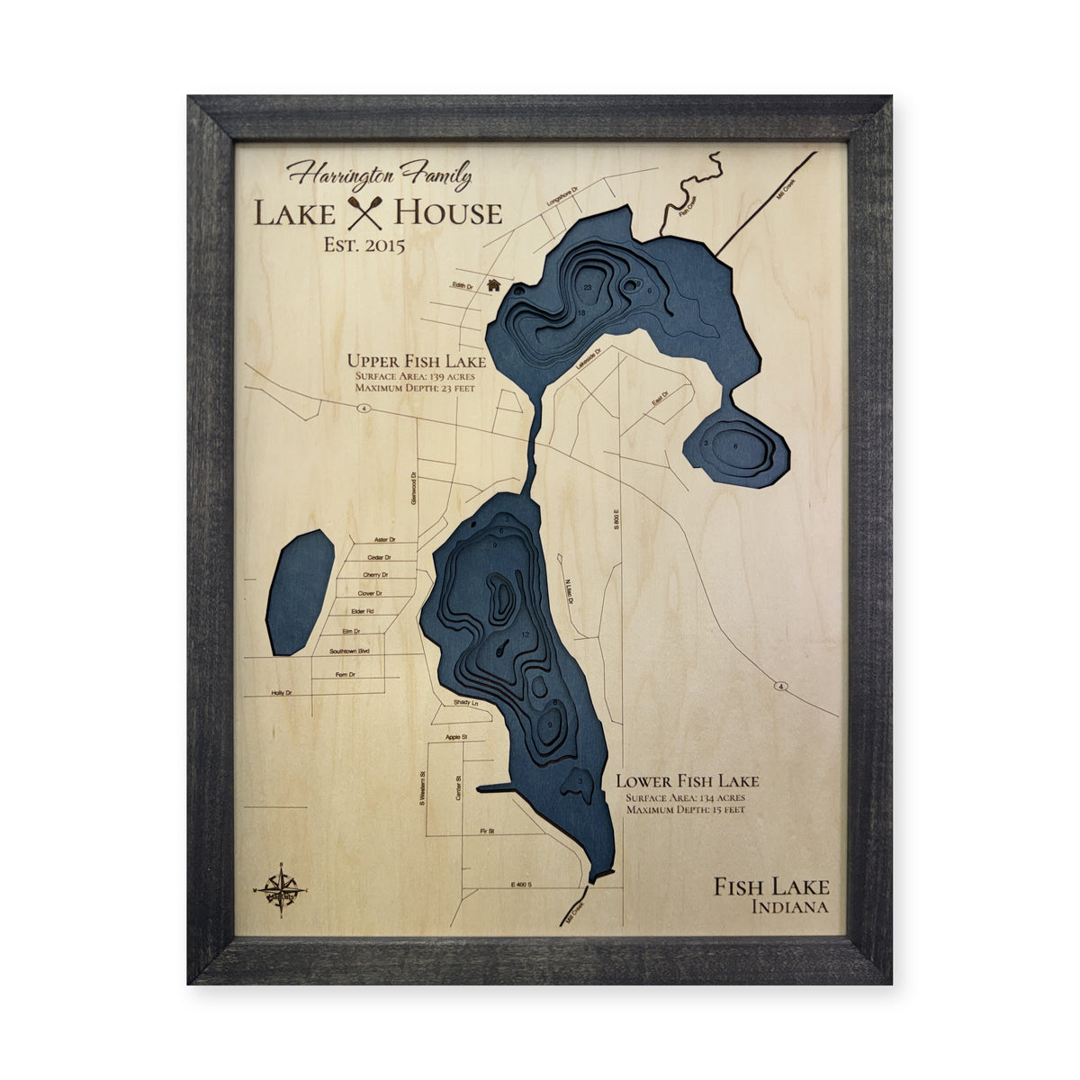 Upper and Lower Fish Lake, Indiana Wood Map — Multilayer — plain-background photo