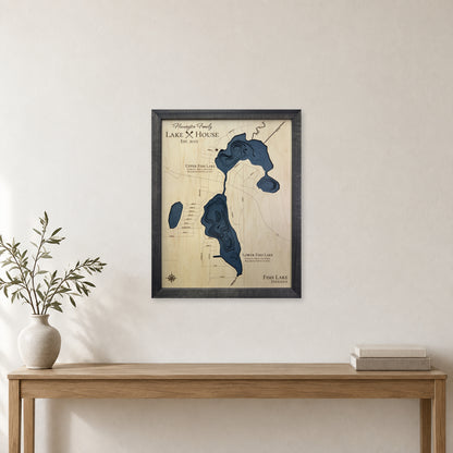 Upper and Lower Fish Lake, Indiana Wood Map — Multilayer — room mockup