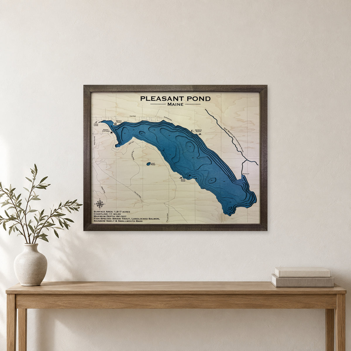 Pleasant Pond, Island Falls, Maine Wood Map — Multilayer — room mockup