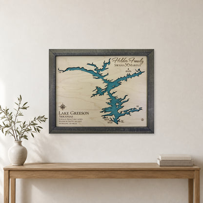 Lake Greeson, Arkansas Wood Map — Single layer — room mockup