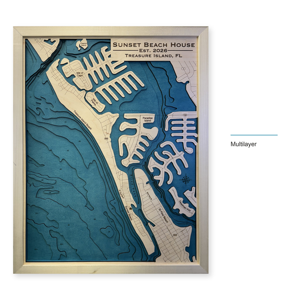 Sunset Beach, Treasure Island, Florida Wood Map — Multilayer — style-labeled photo