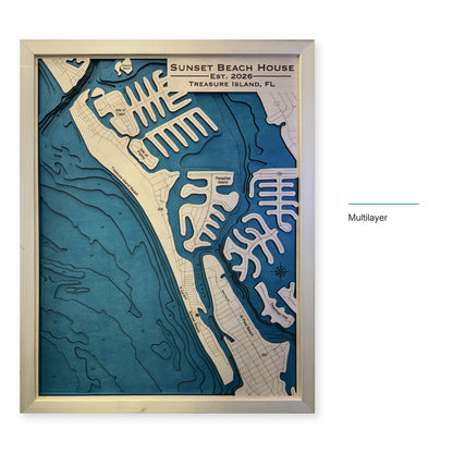 Sunset Beach, Treasure Island, Florida Wood Map — Multilayer — style-labeled photo