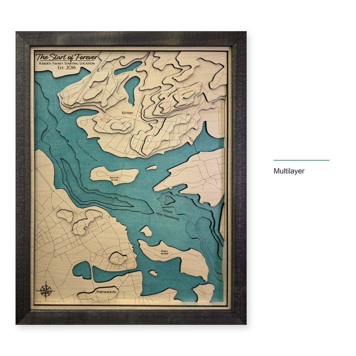 Piscataqua River, New Hampshire Wood Map — Multilayer — style-labeled photo