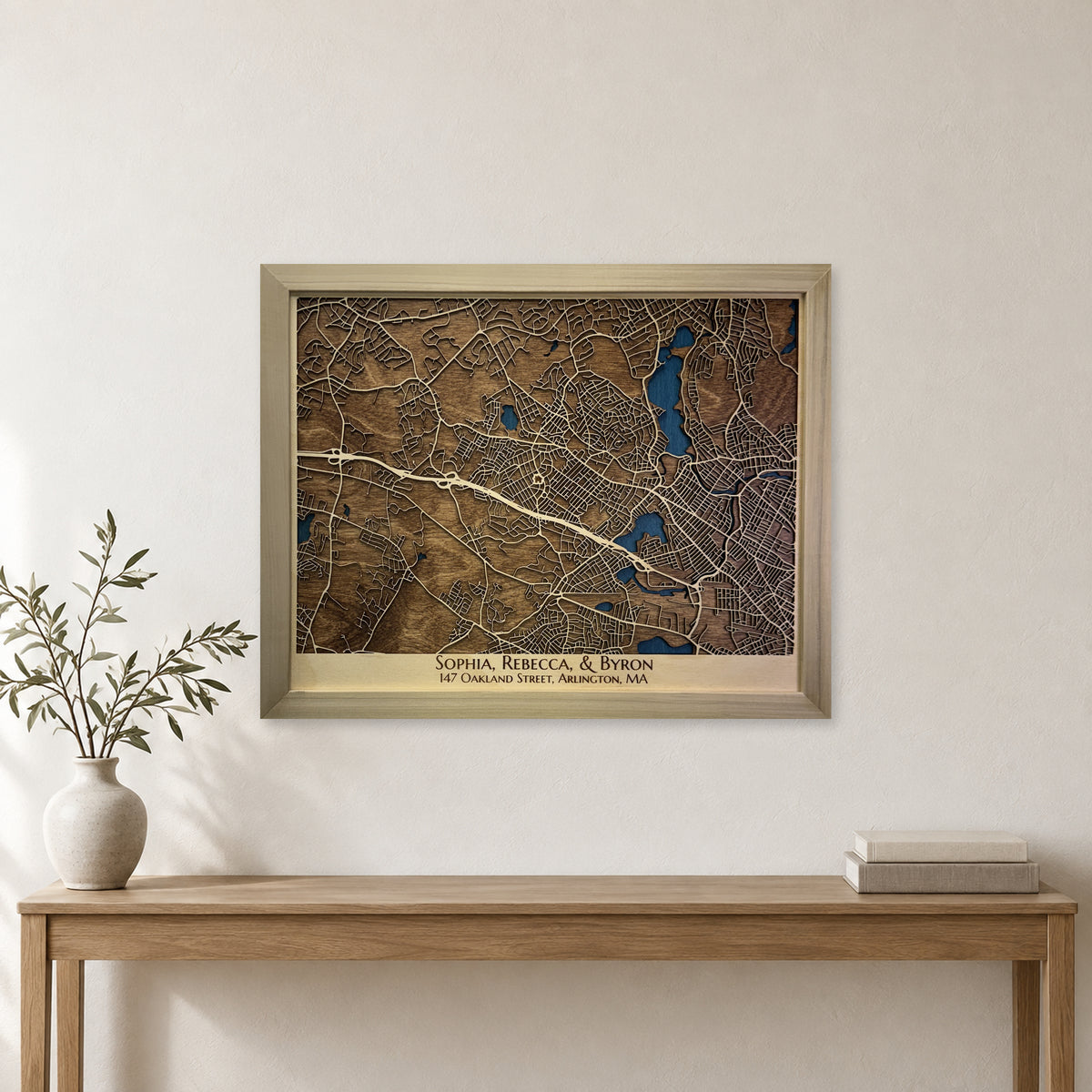 Arlington, Massachusetts Wood Map — Single layer — room mockup