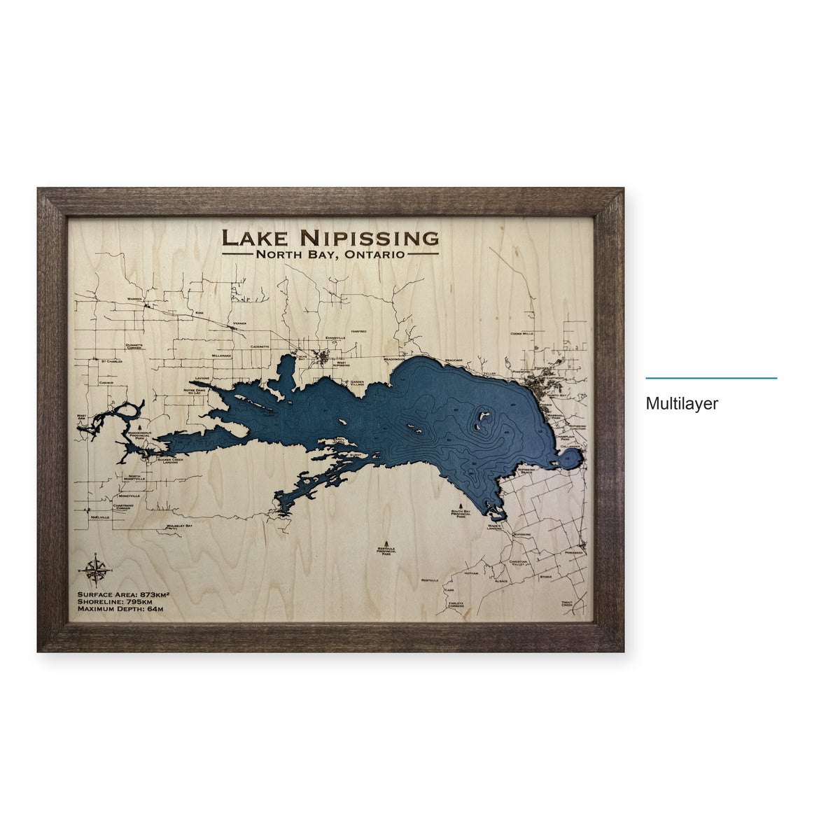 Lake Nipissing, Ontario Wood Map — Multilayer — style-labeled photo