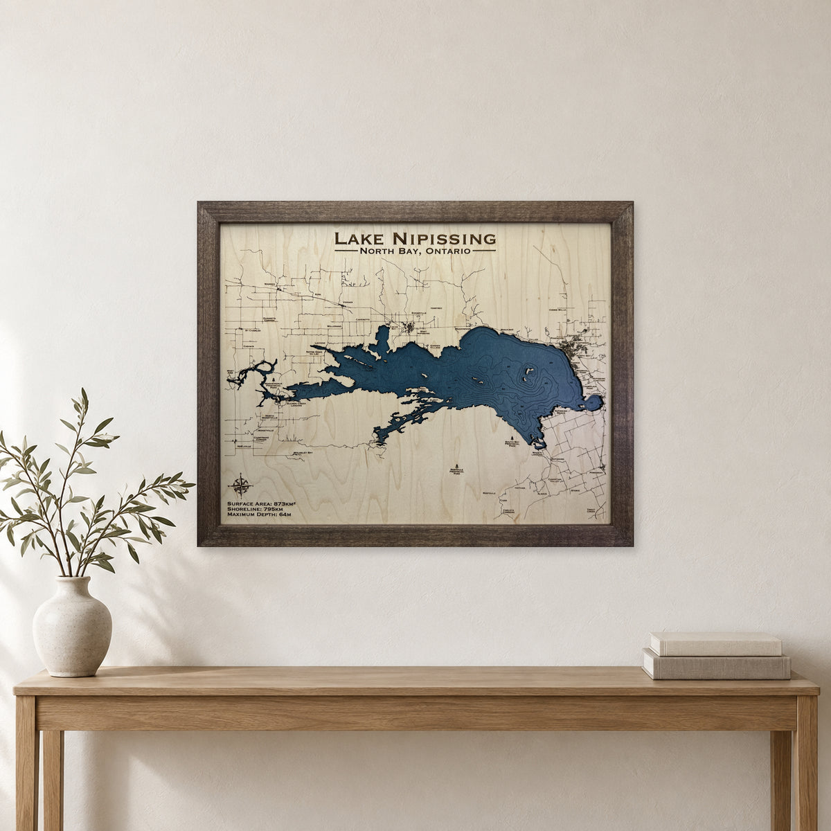 Lake Nipissing, Ontario Wood Map — Multilayer — room mockup