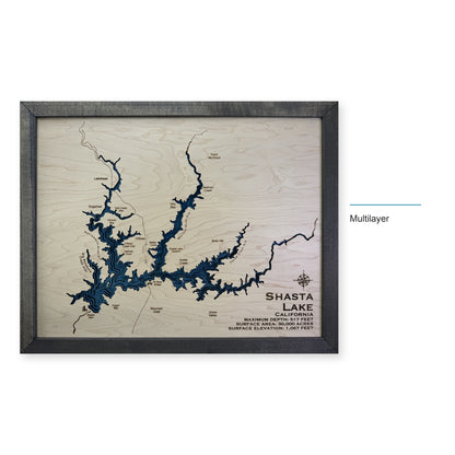 Shasta Lake, California Wood Map — Multilayer — style-labeled photo