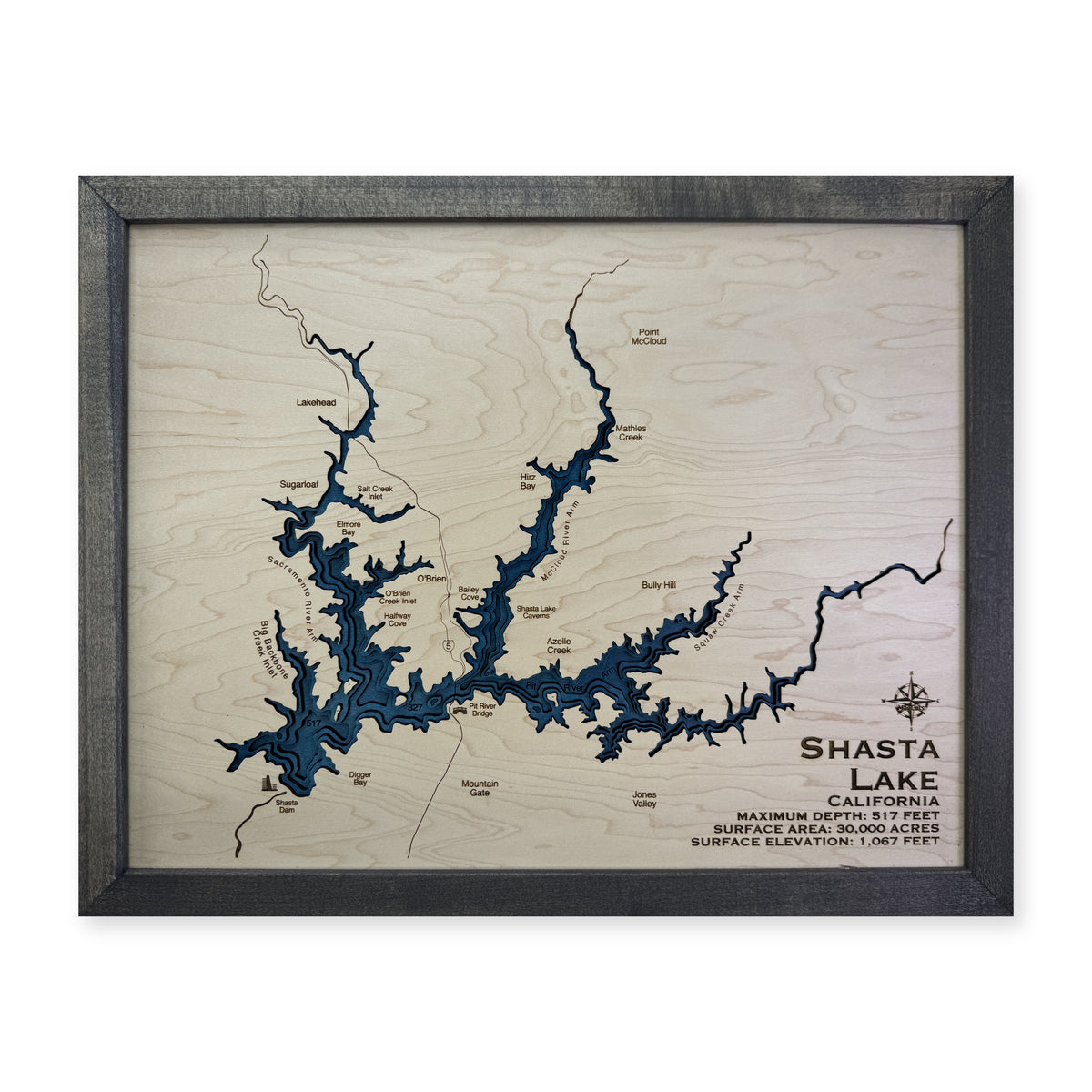 Shasta Lake, California Wood Map — Multilayer — plain-background photo