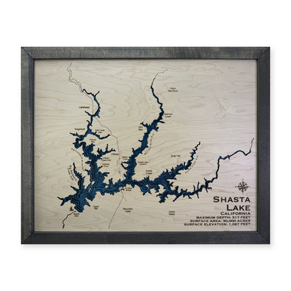 Shasta Lake, California Wood Map — Multilayer — plain-background photo