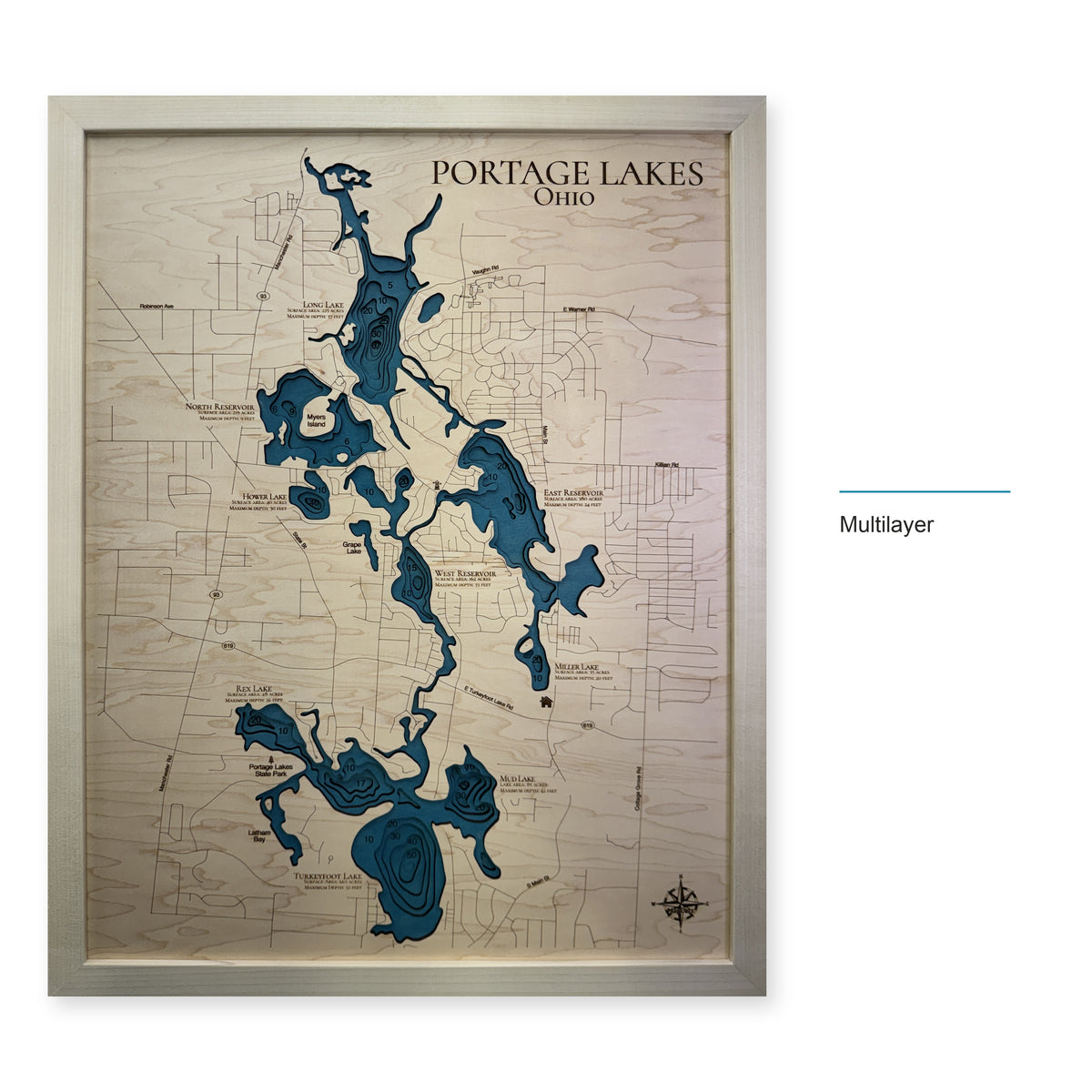 Portage Lakes, Summit County, OH, Wood Map — Multilayer — style-labeled photo