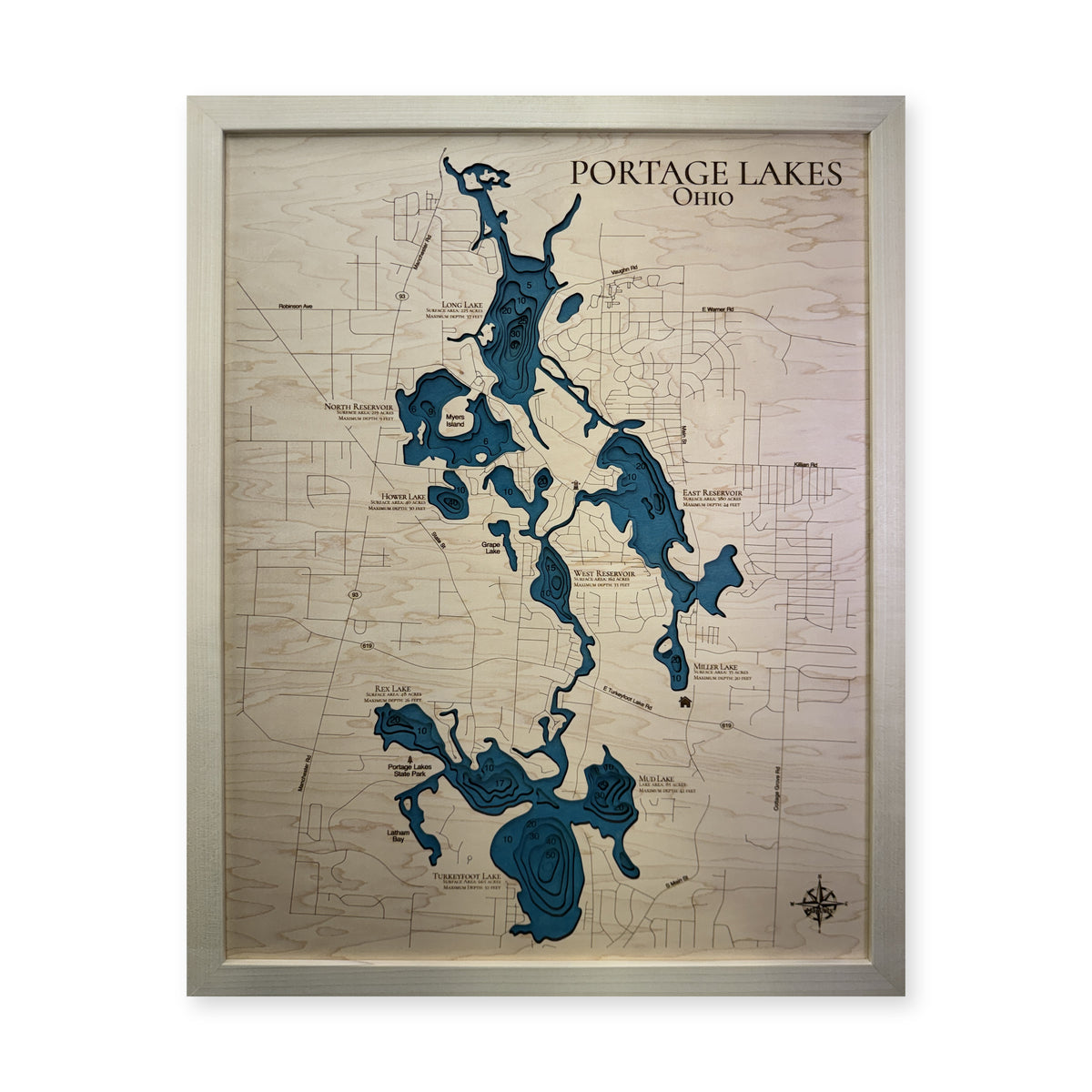 Portage Lakes, Summit County, OH, Wood Map — Multilayer — plain-background photo