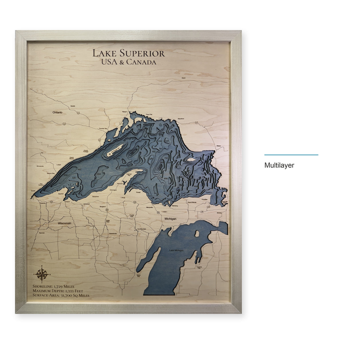 Lake Superior Wood Map — Multilayer — style-labeled photo