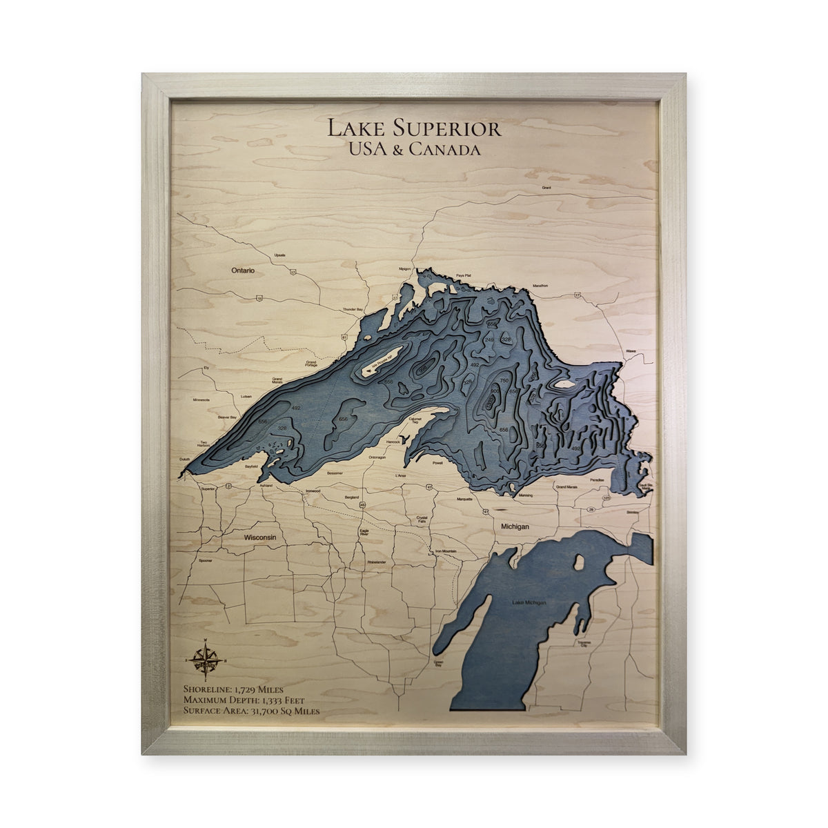 Lake Superior Wood Map — Multilayer — plain-background photo