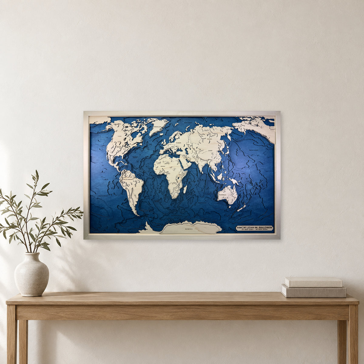 World Topographic Wood Map — Multilayer — room mockup
