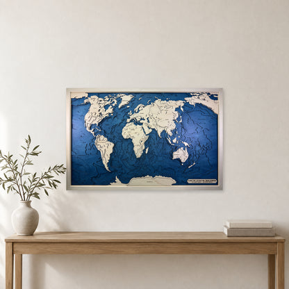 World Topographic Wood Map — Multilayer — room mockup