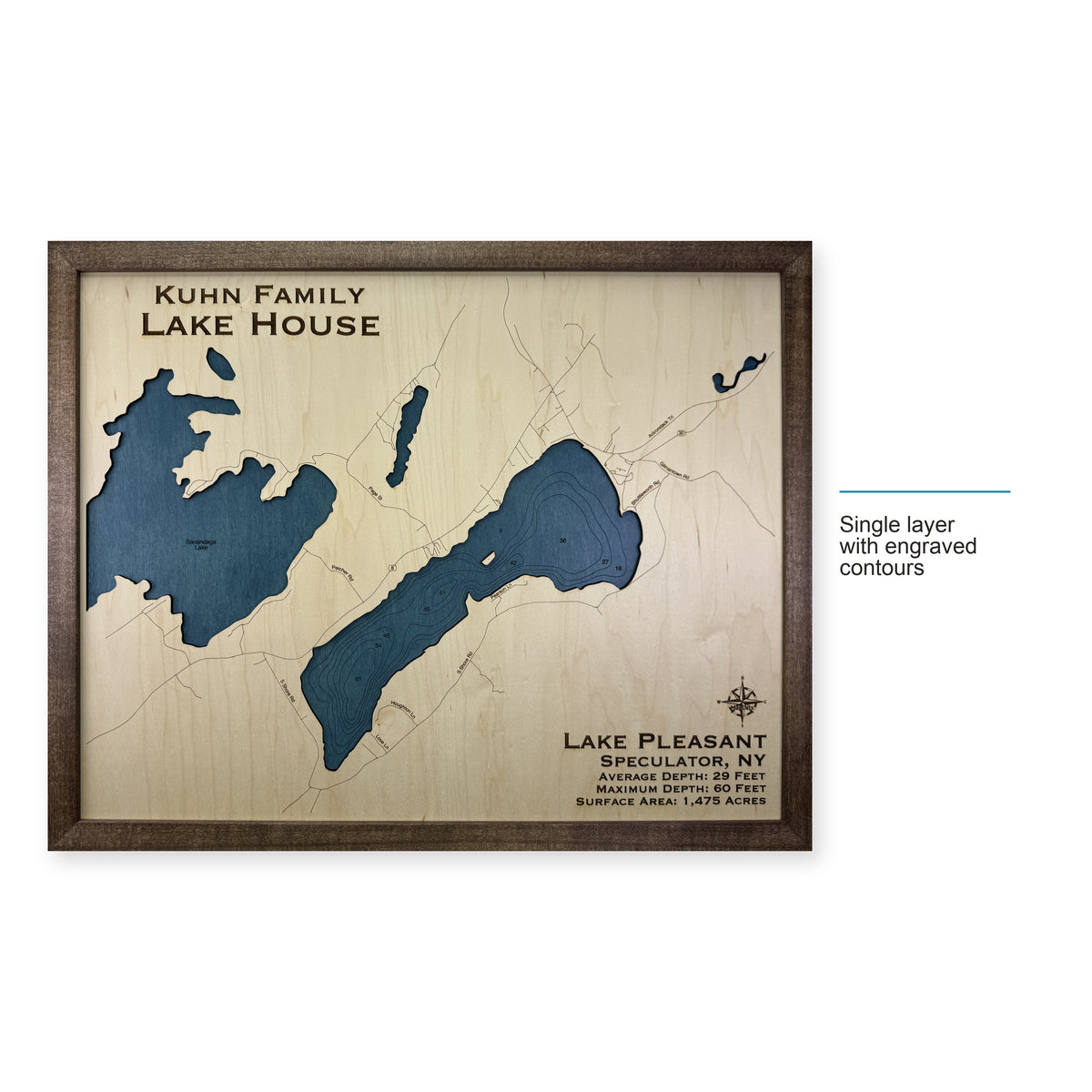 Lake Pleasant, Hamilton County, New York Wood Map — Single layer with engraved contours — style-labeled photo