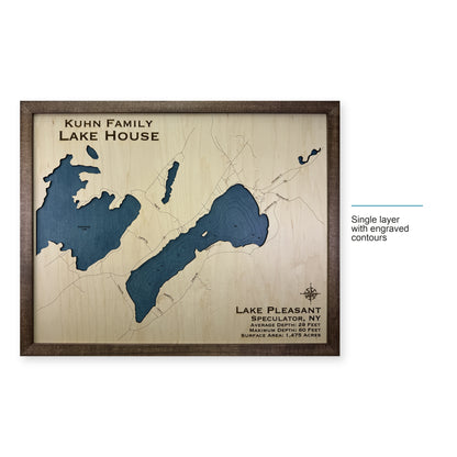 Lake Pleasant, Hamilton County, New York Wood Map — Single layer with engraved contours — style-labeled photo
