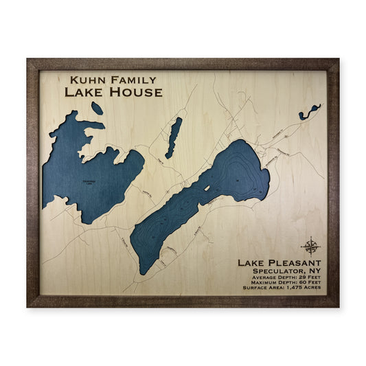 Lake Pleasant, Hamilton County, New York Wood Map — Single layer with engraved contours — plain-background photo