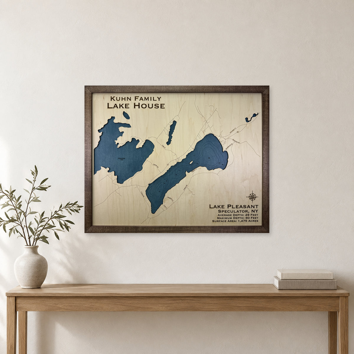 Lake Pleasant, Hamilton County, New York Wood Map — Single layer with engraved contours — room mockup