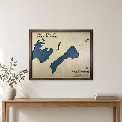 Lake Pleasant, Hamilton County, New York Wood Map — Single layer with engraved contours — room mockup