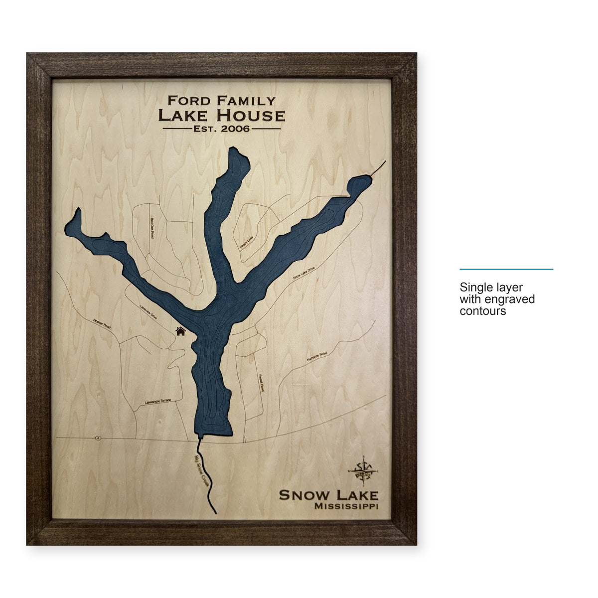 Snow Lake, Mississippi Wood Map — Single layer with engraved contours — style-labeled photo