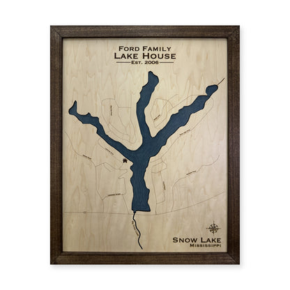 Snow Lake, Mississippi Wood Map — Single layer with engraved contours — plain-background photo