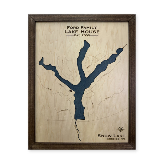 Snow Lake, Mississippi Wood Map — Single layer with engraved contours — plain-background photo